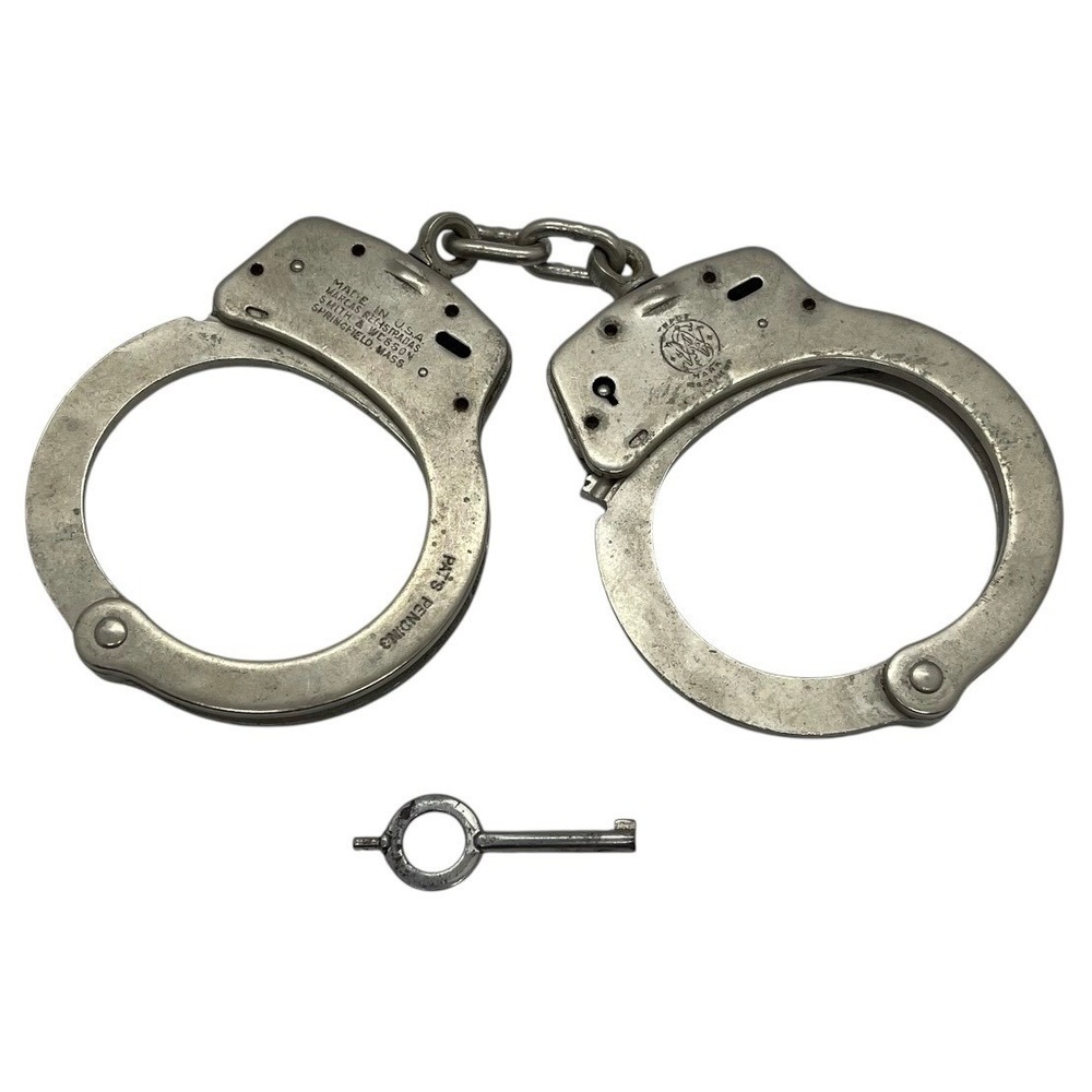 Vintage Smith & Wesson Handcuffs Model 100 Silver Restraints with Key S&W Cuffs